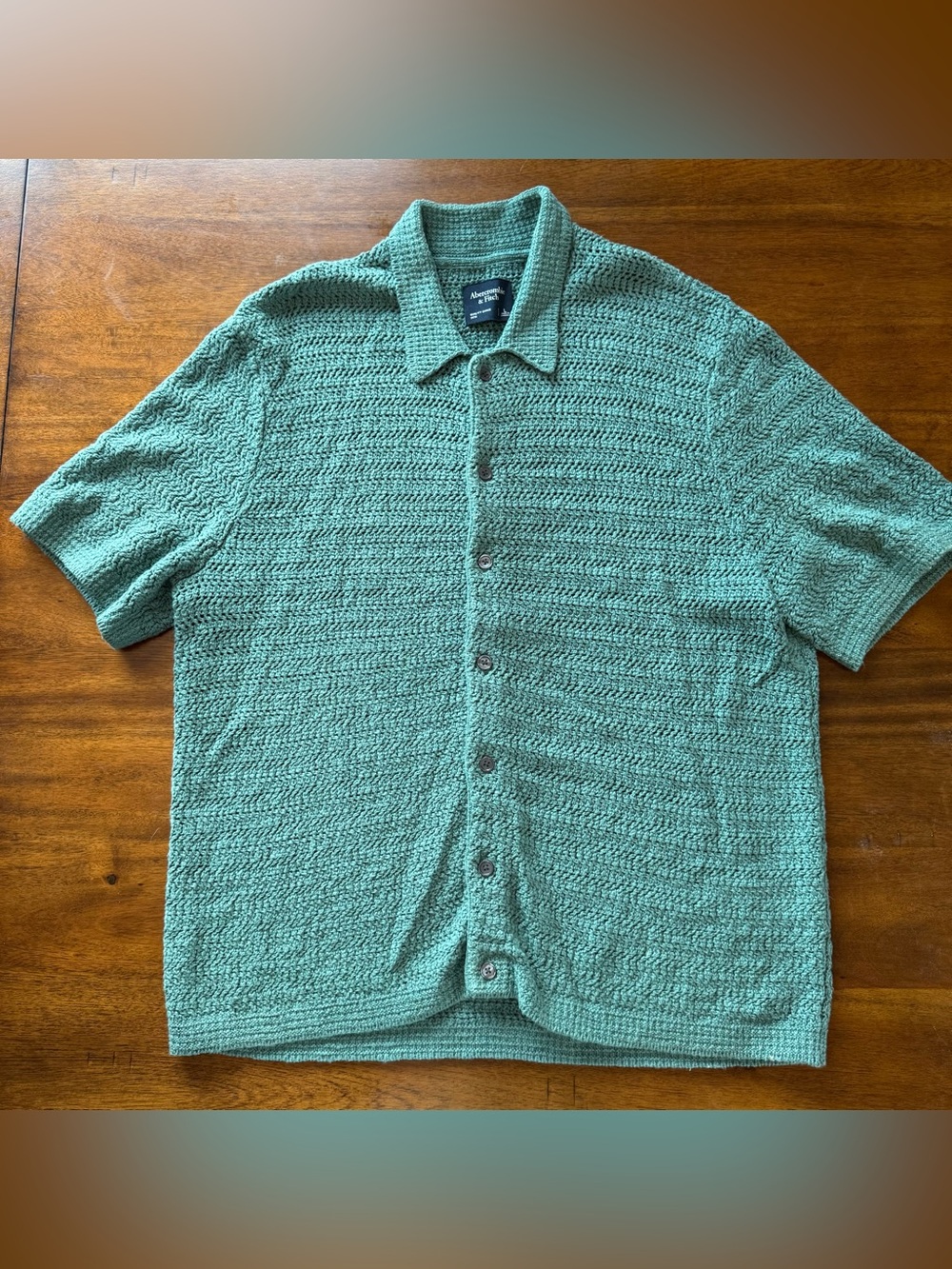 Abercrombie & Fitch Men's Teal Textured Short-Sleeve Button-Down Shirt